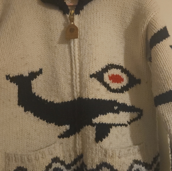 Canadian Sweater Company Intarsia Wool Zip Cardigan Jacket Orca Whale Beige Blue - Picture 10 of 10